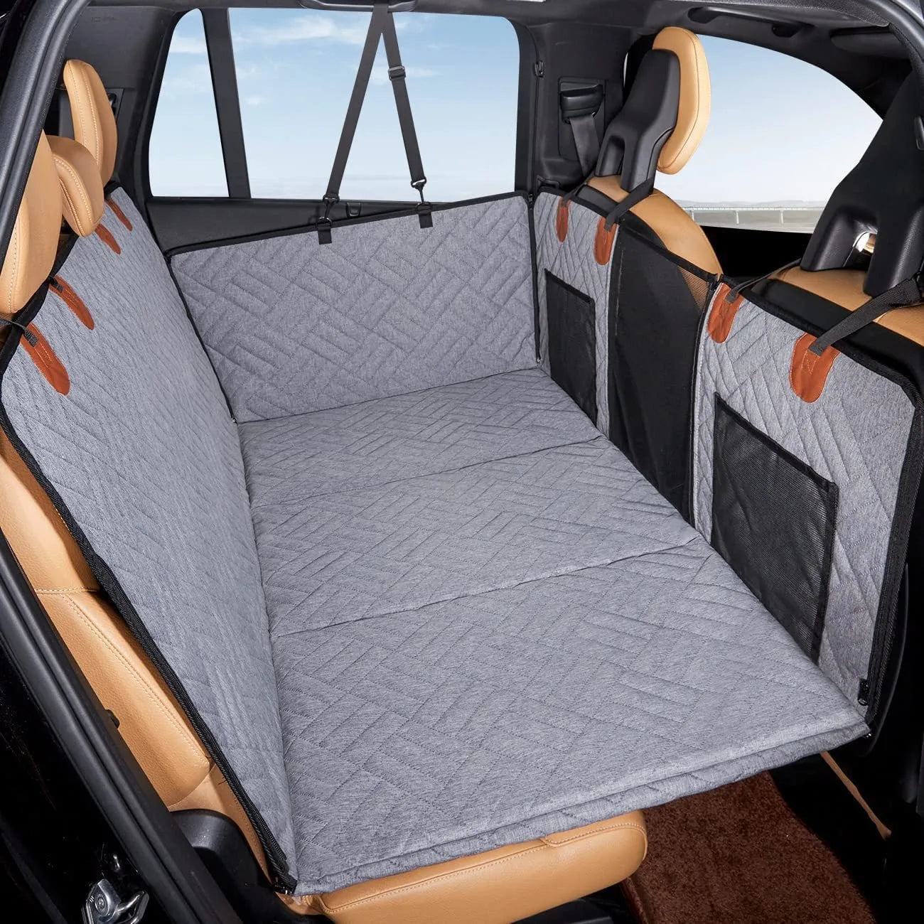 Pet Car Seat Cover for Large & Medium Dogs - Waterproof Hammock with Storage Pocket, Non-Slip Leather Bench Protector