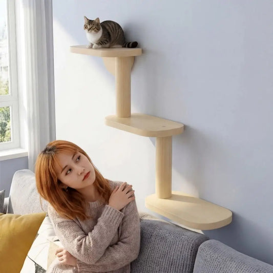 Solid Wood Cat Climbing Shelves 3-Level Floating Shelves Cat Climbing Ladder Space Saving Cat Perch Pet Playground
