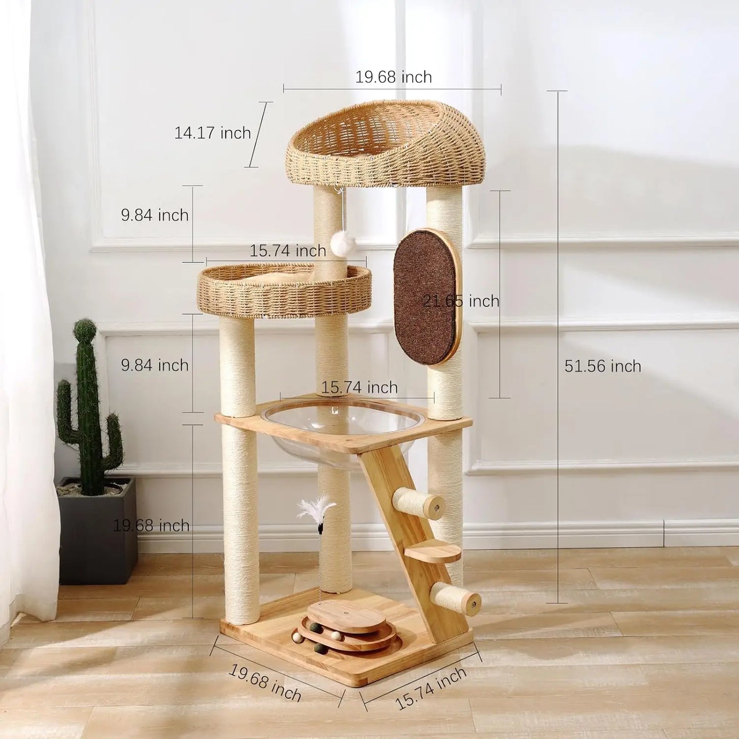 WDF Modern Pet Perch Solid Wood Durable Cat Tree Tower With Rattan Nest And Scratcher Post Indoor Furniture Cat Climbing Frame