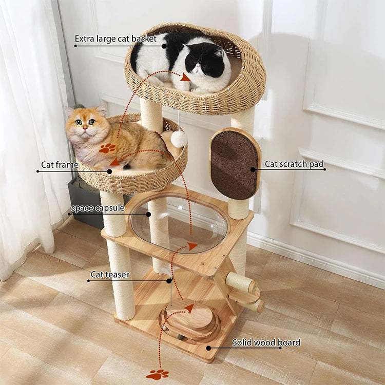 WDF Modern Pet Perch Solid Wood Durable Cat Tree Tower With Rattan Nest And Scratcher Post Indoor Furniture Cat Climbing Frame