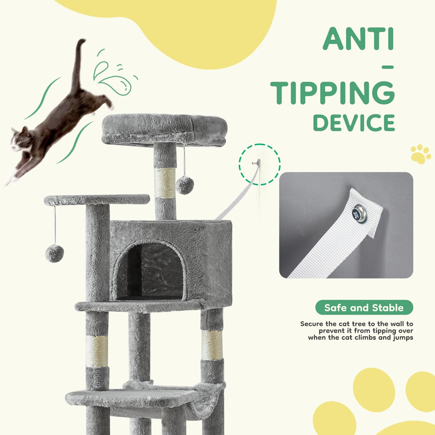JHK 44In Cat Tree Tall Multi-Cat Climbing Tower for Pet Furniture Natural Sisal Scratching Posts Stable Pet House for Indoor Cat