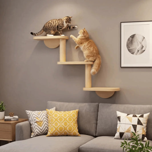 Solid Wood Cat Climbing Shelves 3-Level Floating Shelves Cat Climbing Ladder Space Saving Cat Perch Pet Playground
