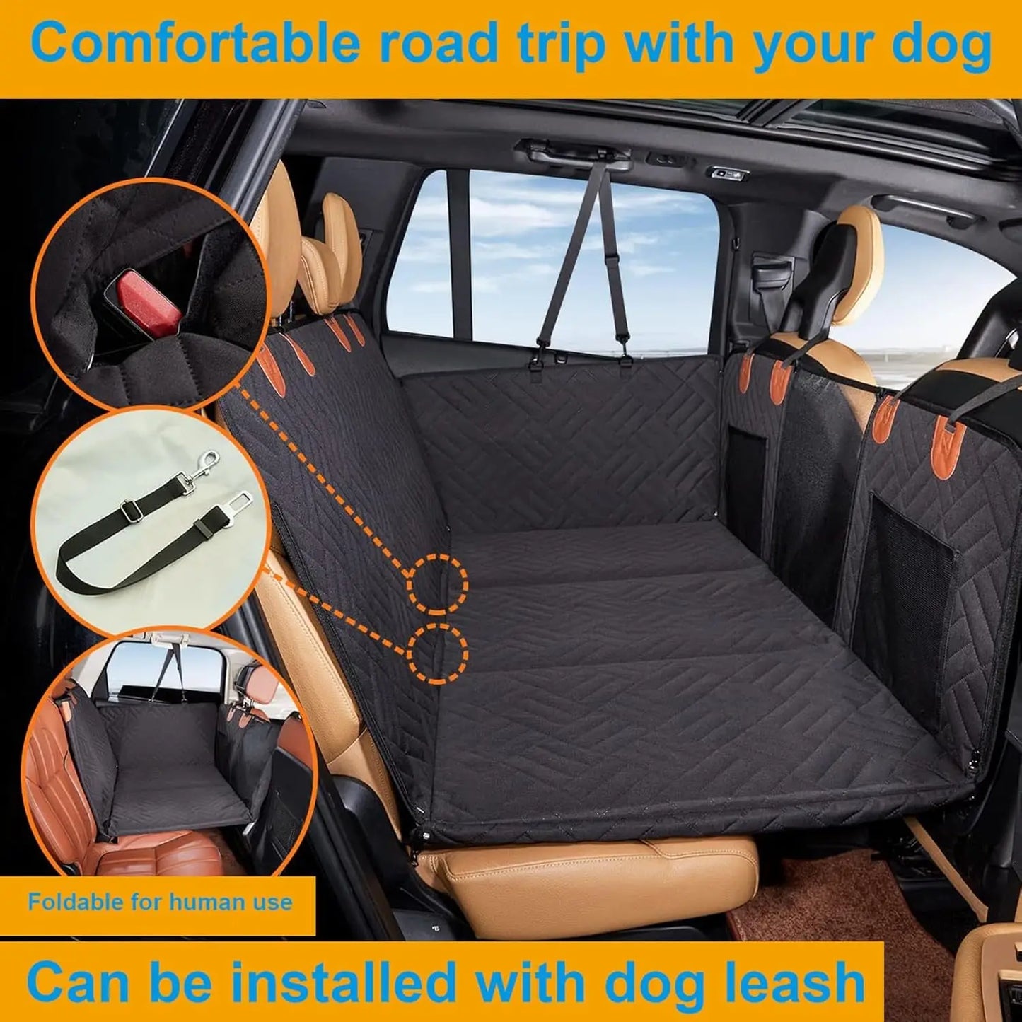 Pet Car Seat Cover for Large & Medium Dogs - Waterproof Hammock with Storage Pocket, Non-Slip Leather Bench Protector