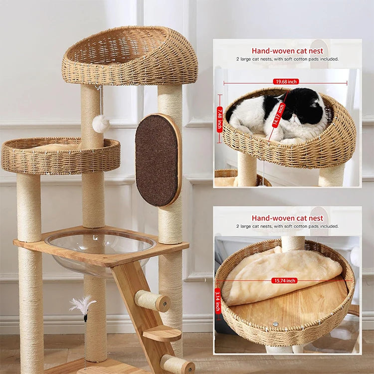 WDF Modern Pet Perch Solid Wood Durable Cat Tree Tower With Rattan Nest And Scratcher Post Indoor Furniture Cat Climbing Frame