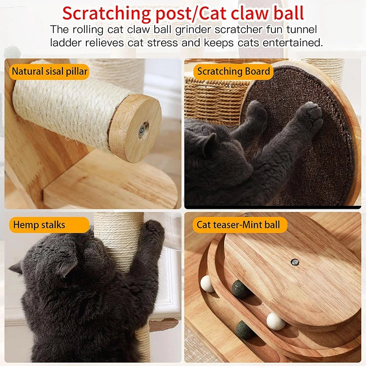 WDF Modern Pet Perch Solid Wood Durable Cat Tree Tower With Rattan Nest And Scratcher Post Indoor Furniture Cat Climbing Frame
