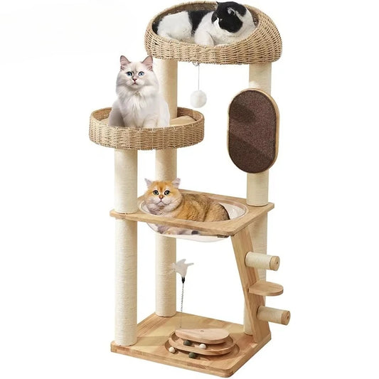 WDF Modern Pet Perch Solid Wood Durable Cat Tree Tower With Rattan Nest And Scratcher Post Indoor Furniture Cat Climbing Frame